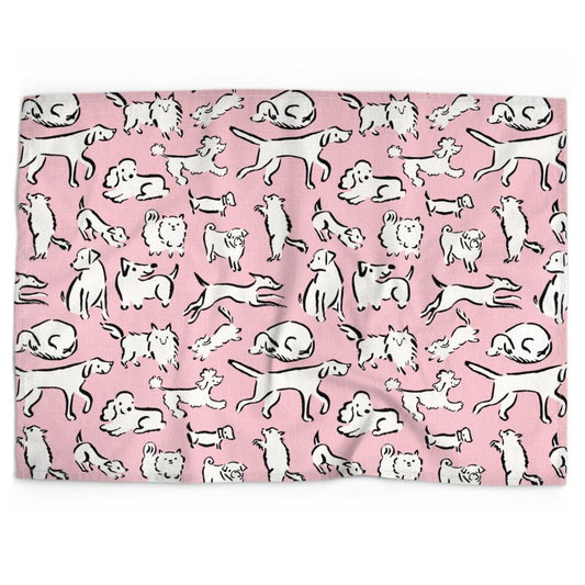 Cotton-linen tea towel: Pink dogs of all kinds