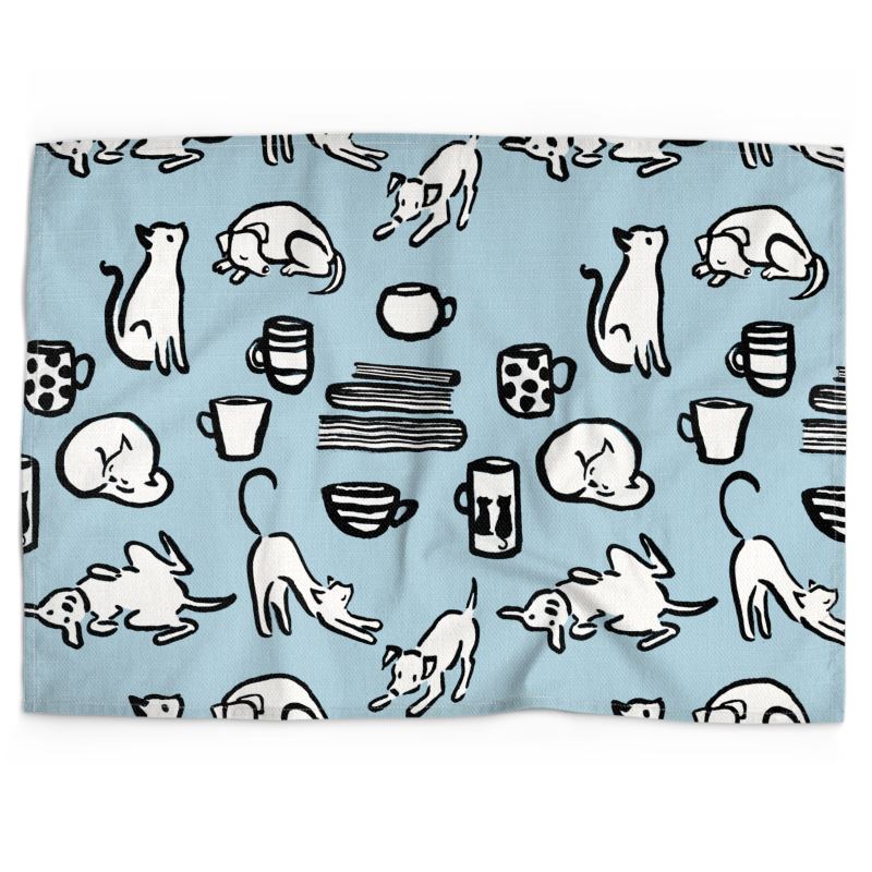Cotton-linen tea towel: cats, dogs, coffee, and books (blue)