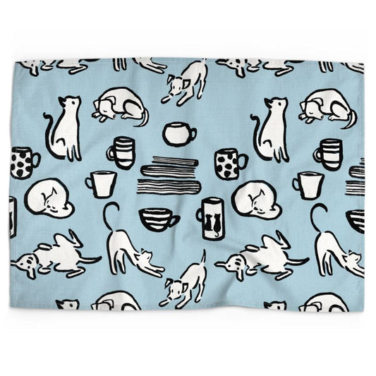 Cotton-linen tea towel: cats, dogs, coffee, and books (blue)