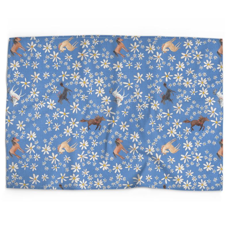 Cotton-linen tea towel: horses and flowers blue