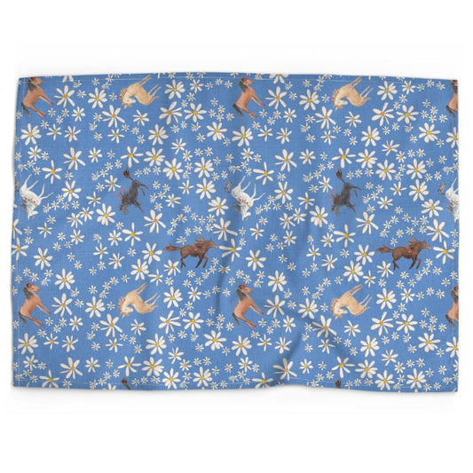Cotton-linen tea towel: horses and flowers blue