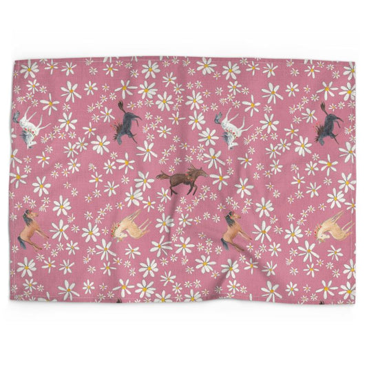 Cotton-linen tea towel: Horses and flowers on pink