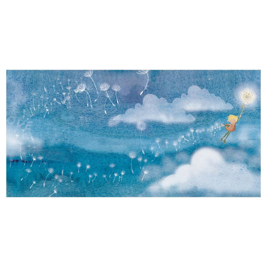 Art print of dandelion boy scattering wishes 17 by 8.5 inches/43 by 21cm