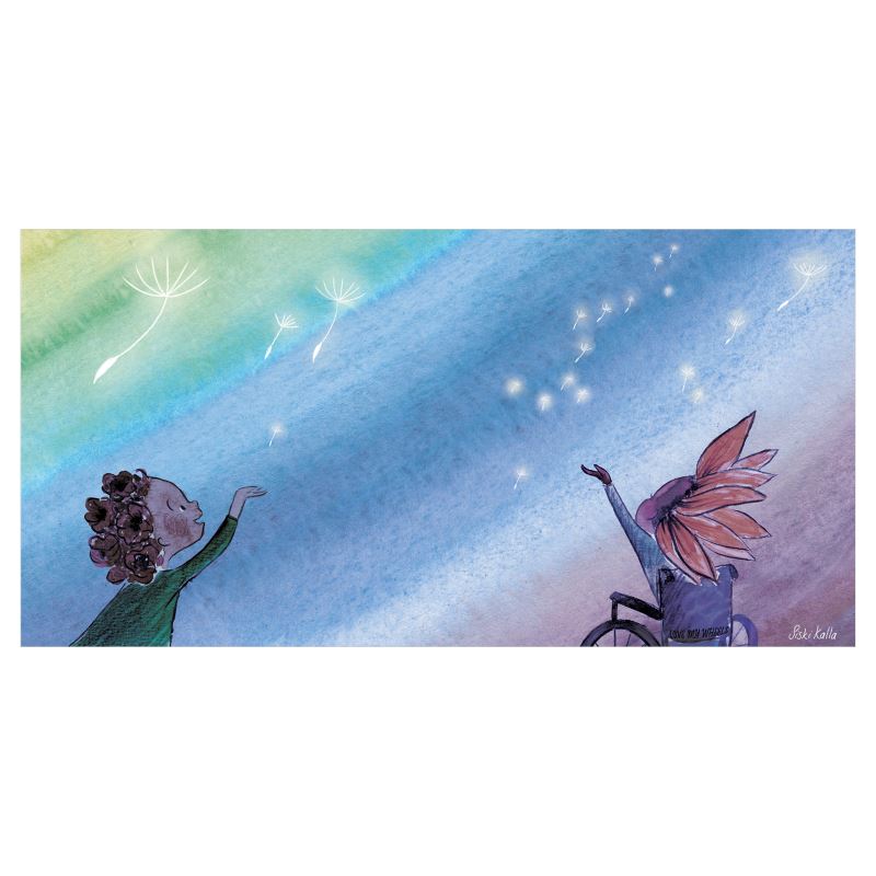 Art print of reaching for dandelion wishes and dreams 17 by 8.5 inches/43 by 21cm