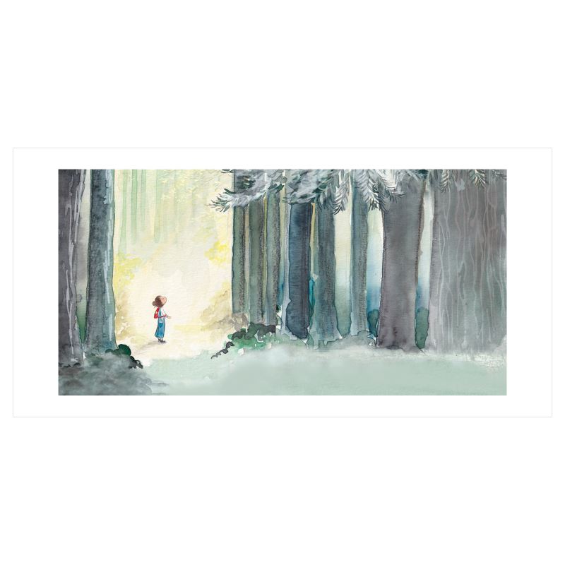 Art print of girl talking to trees, from Breathe 17 by 8.5 inches/43