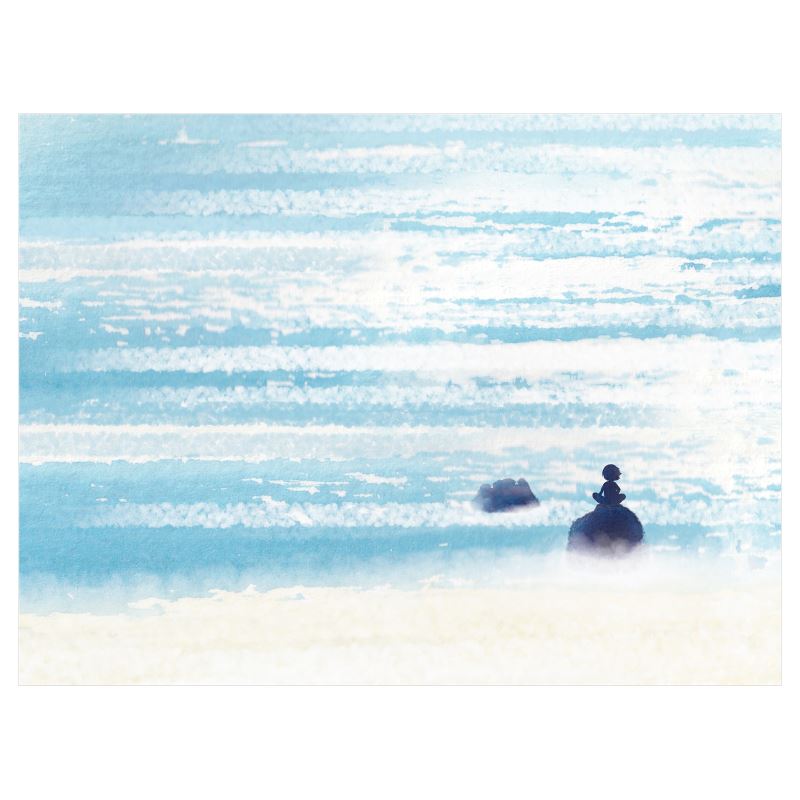 Fine art print of child sitting on rock, with a sparkly ocean