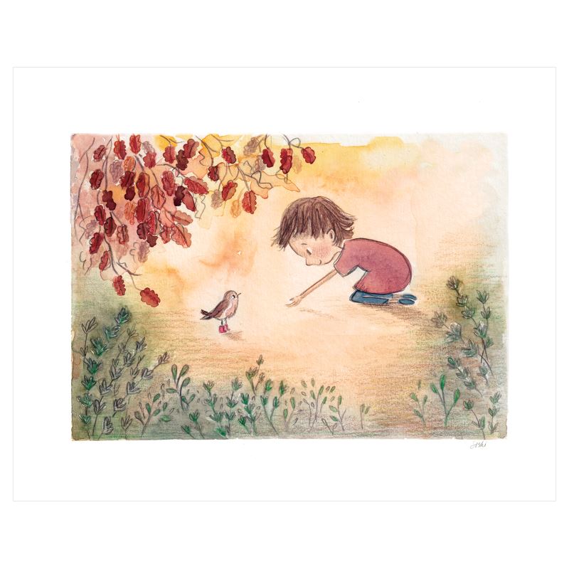 Fine art print of sweet scene of child with a robin