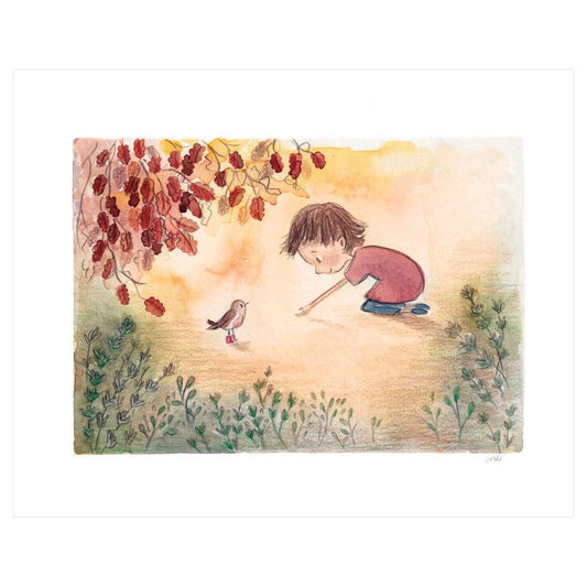 Fine art print of sweet scene of child with a robin