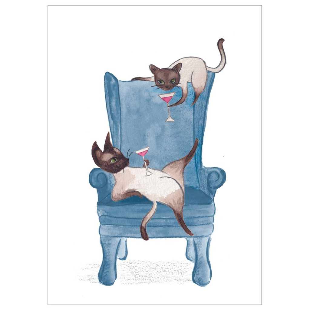 Flat card of Siamese cats enjoying cocktails