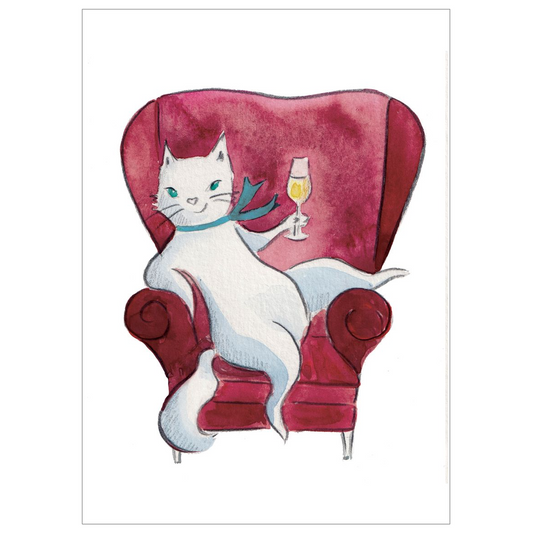 Flat card of sophisticated white cat with sparkly