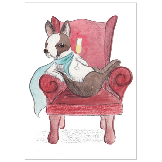 Flat card of Boston terrier enjoying a glass of red wine