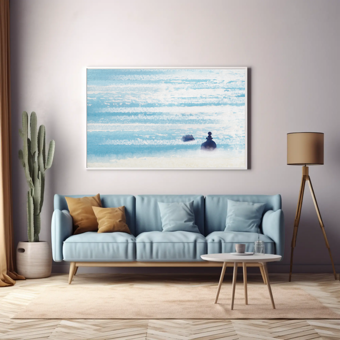 Fine art print of child sitting on rock, with a sparkly ocean