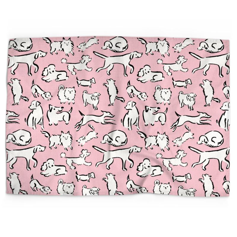 Cotton-linen tea towel: Pink dogs of all kinds