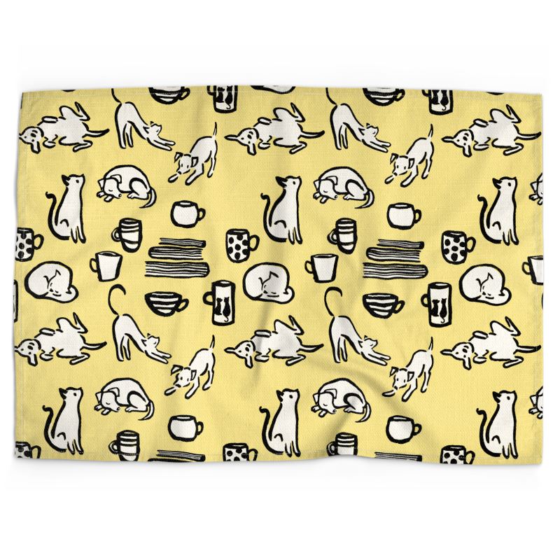 Cotton-linen tea towel: Dogs, cats, books and coffee (yellow, black and white)