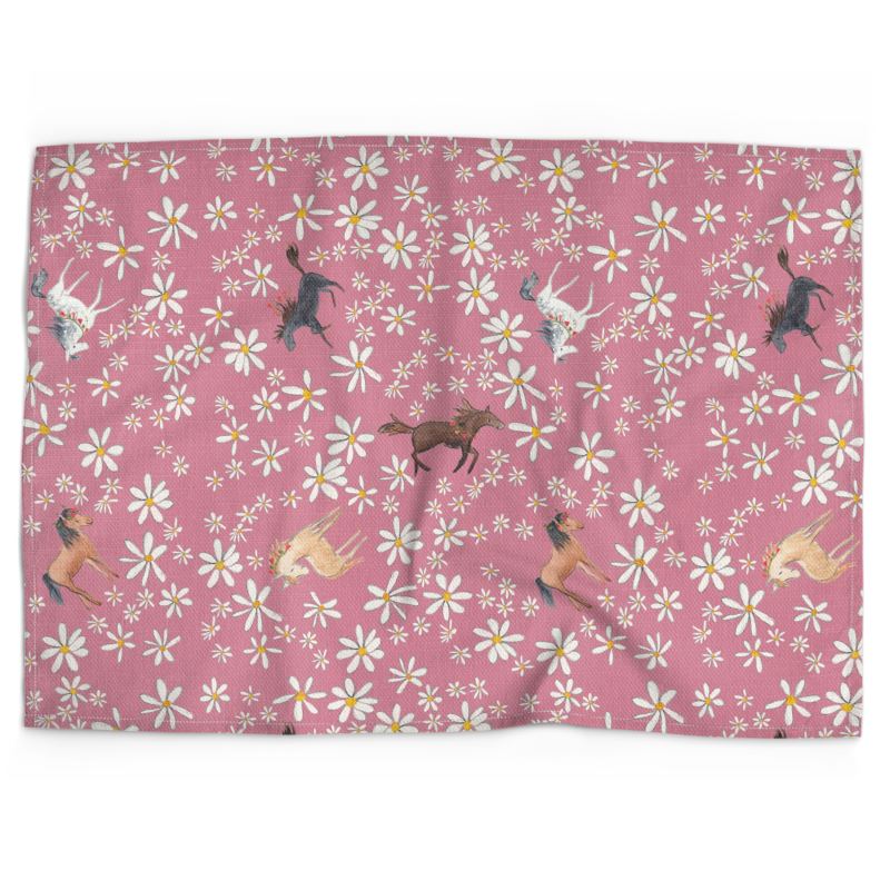 Cotton-linen tea towel: Horses and flowers on pink