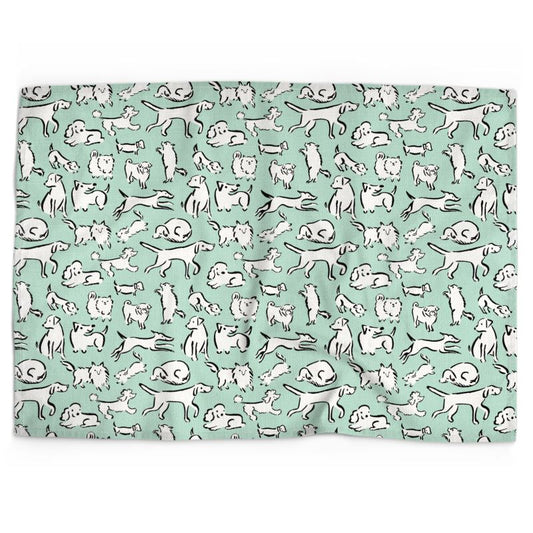 Dogs of all kinds on minty green background