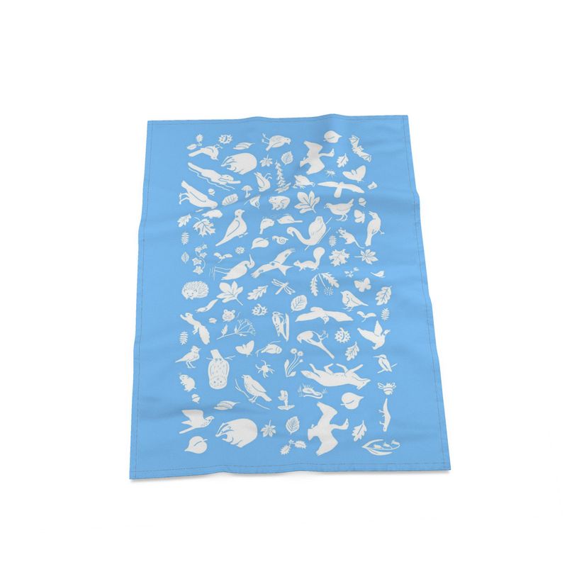 Large pattern White on Blue Wildlife Tea Towel